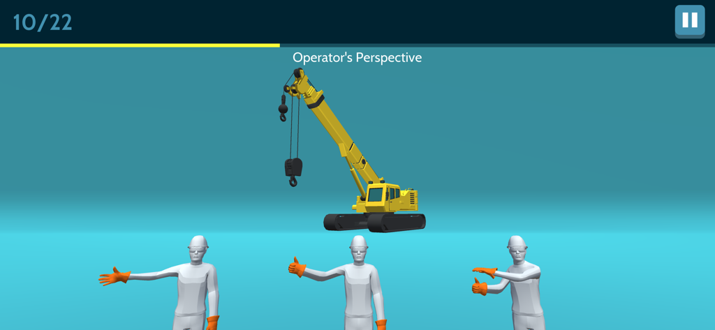 Construction Crane Signals - A construction crane signals quiz screen showing the operator perspective with multiple hand signal options.