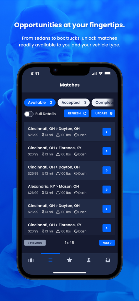 FRAYT Driver - Screenshot der FRAYT Fahrer App, die verfügbare Liefermöglichkeiten mit Routen und Preisen zeigt