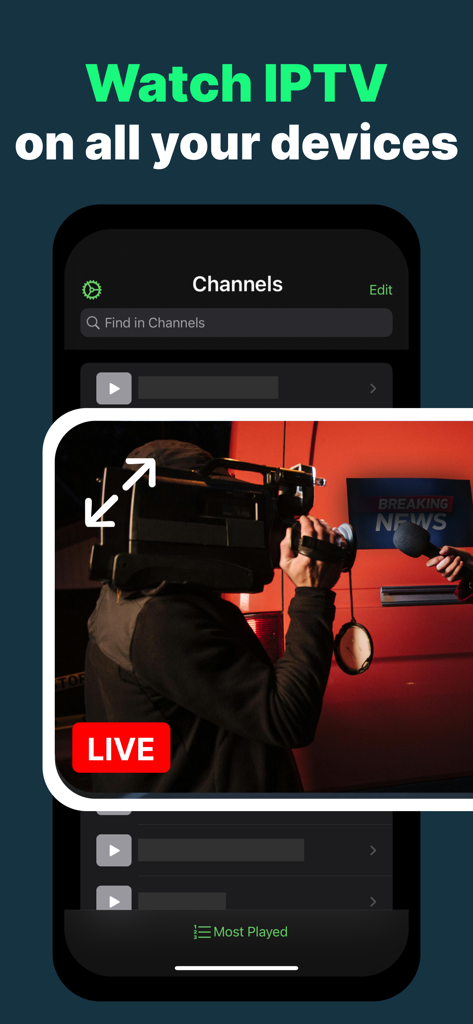 IPTV Player Live: M3U & Xtream - Interfaccia dell'app IPTV Player Live che mostra un notiziario in diretta in modalità picture-in-picture su un dispositivo mobile