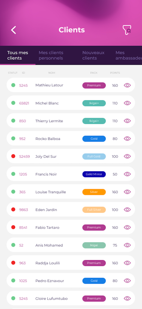 MyBiz - A client list screen in the MyBiz app displaying a list of customers with their membership packs status and reward points