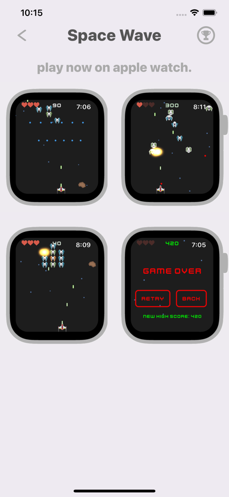 Capturas de pantalla de Apple Watch que muestran el juego arcade Space Wave con jugabilidad retro de disparos espaciales y una pantalla de fin de juego