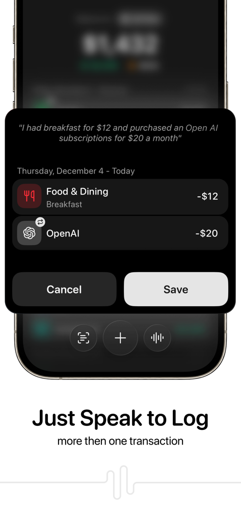 AI voice tracking interface in the Qalta app showing automatic categorization of multiple spoken transactions.