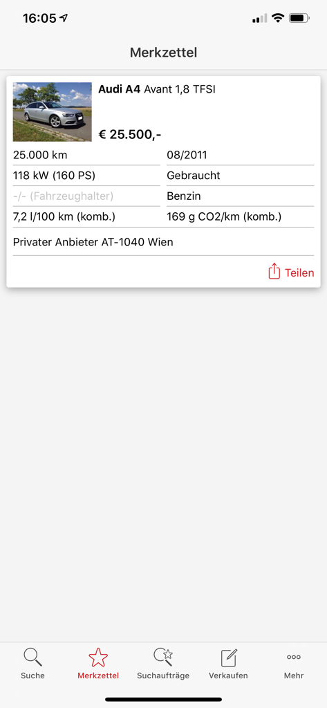 Pantalla de lista de seguimiento de la app móvil que muestra un anuncio guardado de un Audi A4 Avant con precio y especificaciones técnicas