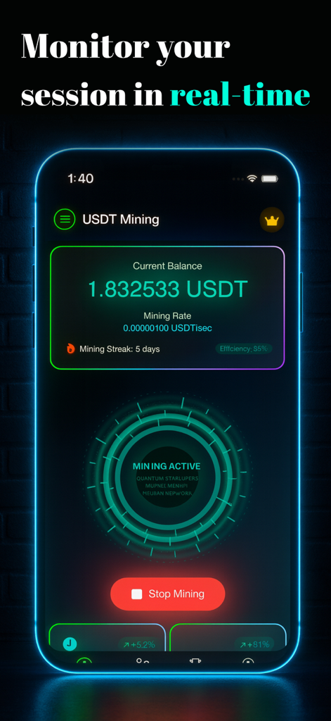 USDT Mining - Crypto Miner - Un smartphone mostrando el panel de la aplicación USDT Mining con una sesión de minería simulada activa, mostrando el saldo actual y la tasa de minería.