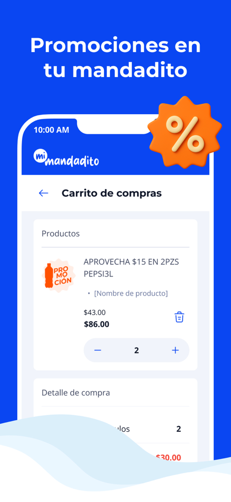 Mi Mandadito ePura - Pantalla del carrito de compras de la app Mi Mandadito ePura que muestra promociones de productos y un ícono de descuento