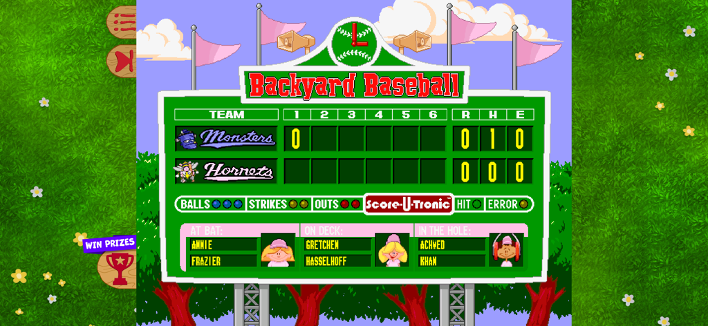 Backyard Baseball '97 - Retro scoreboard from Backyard Baseball 97 showing a game between the Monsters and the Hornets.