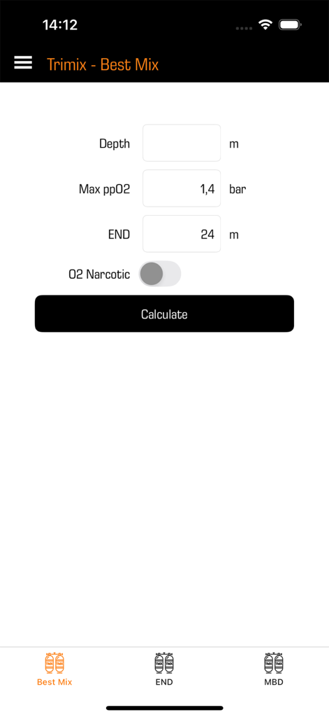Scuba Gas Calculator - Trimix Best Mix calculation interface for technical scuba diving