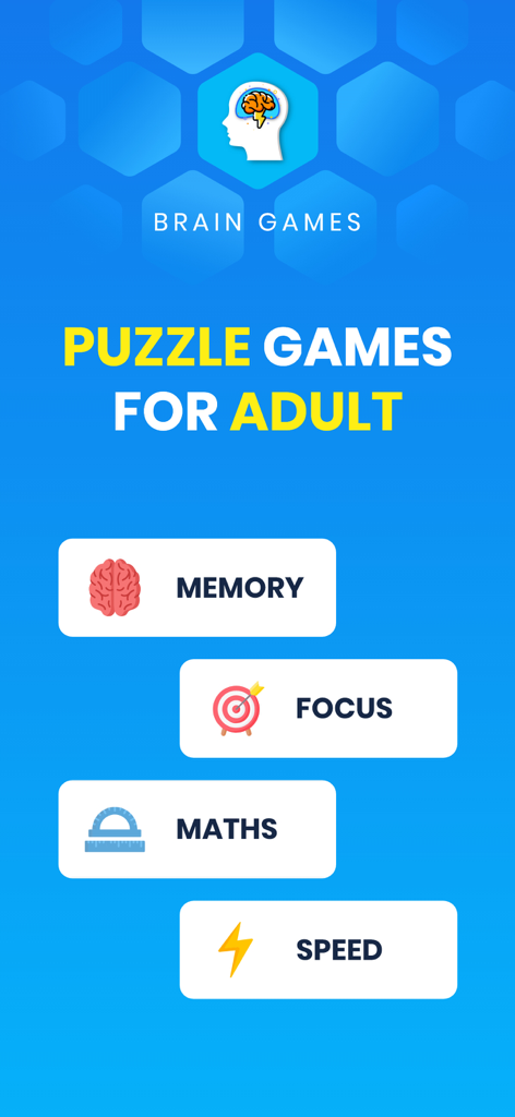 Brain Test Puzzle : IQ Games - Brain Test Puzzle app screen displaying training categories for memory focus maths and speed