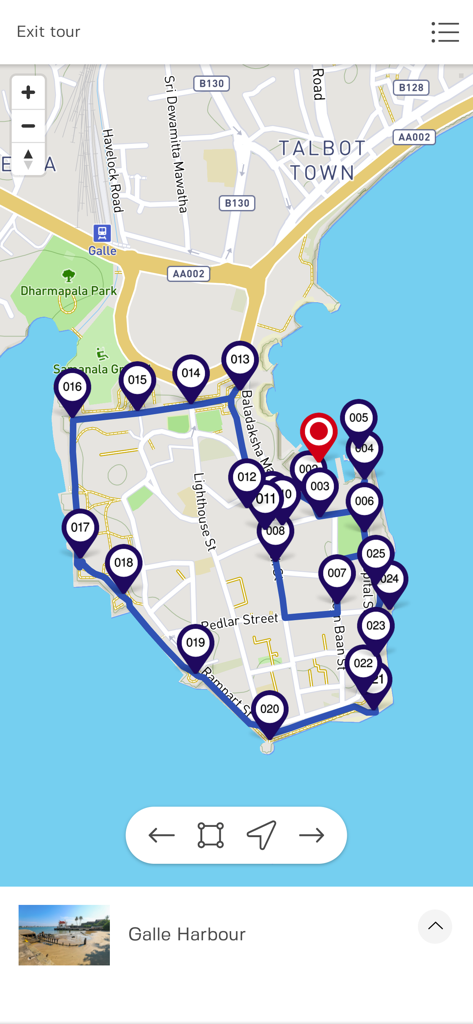 Balamu - Aplicación móvil Balamu que muestra un mapa de tour a pie curado por el puerto de Galle en Sri Lanka con puntos de interés numerados