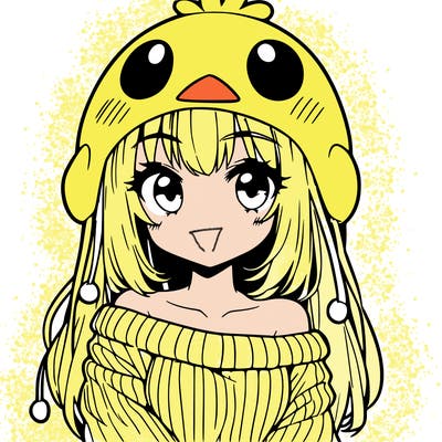 anime girl with chick shaped hat with sweater with bare shoulders with bangs covering them one eye with low tail