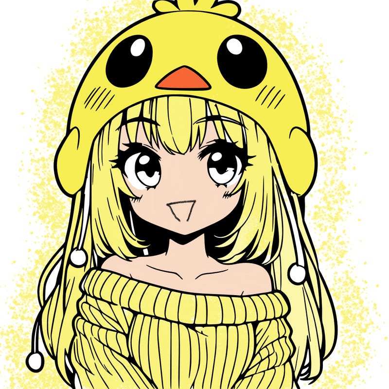 anime girl with chick shaped hat with sweater with bare shoulders with bangs covering them one eye with low tail
