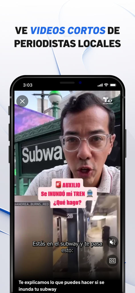 Interfaz de la app Telemundo 47 que muestra breves reportajes en video de periodistas locales sobre eventos en la ciudad de Nueva York.