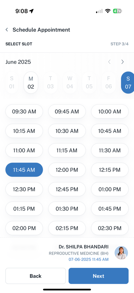 Yuvaan+ - Yuvaan plus mobile app interface showing a list of available time slots for scheduling a doctor appointment