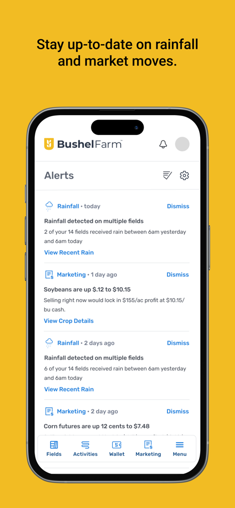 Bushel Farm - Pantalla de alertas de la aplicación Bushel Farm que muestra notificaciones de lluvia y de mercado de cultivos