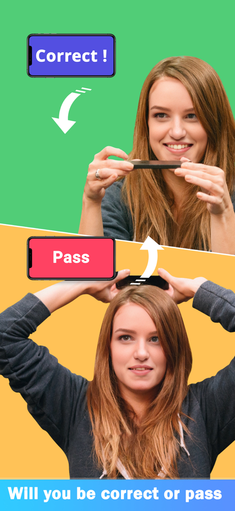 Party Charades: Guessing Game - Demonstration of how to play showing tilting phone down for correct and up for pass.