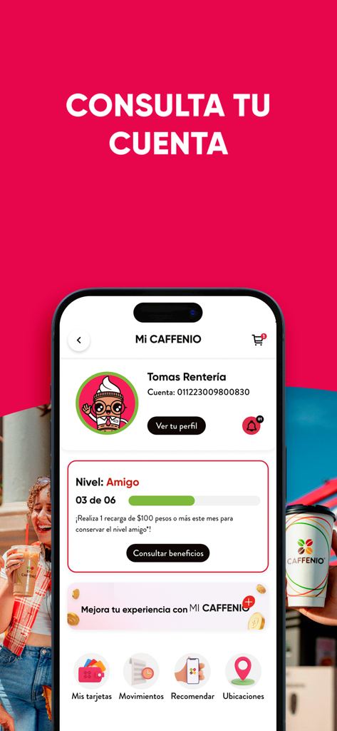Interface de perfil de usuário do aplicativo CAFFENIO exibindo o status da conta de nível de fidelidade e benefícios de recompensas