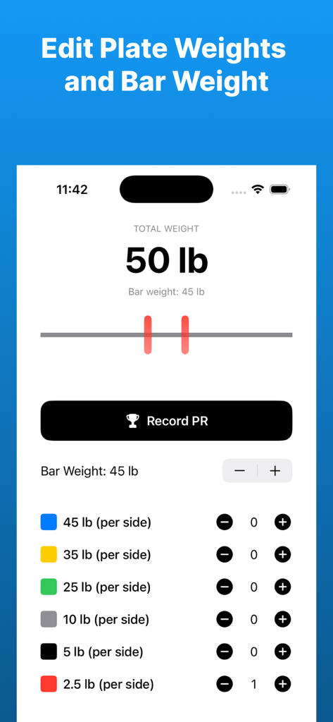 Barbell Weight Calculator + PR - Interface of the Barbell Weight Calculator app showing plate weight and bar weight customization options