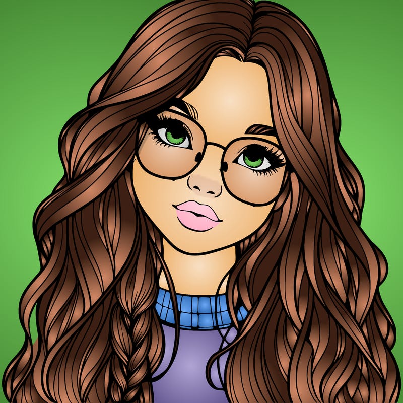 girl with long hair and freckles and glasses realistic