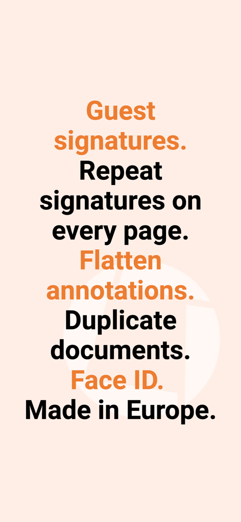 Résumé textuel des fonctionnalités de Genius Sign, notamment les signatures des invités, la répétition des signatures, l'aplatissement des annotations et la sécurité par reconnaissance faciale (Face ID).