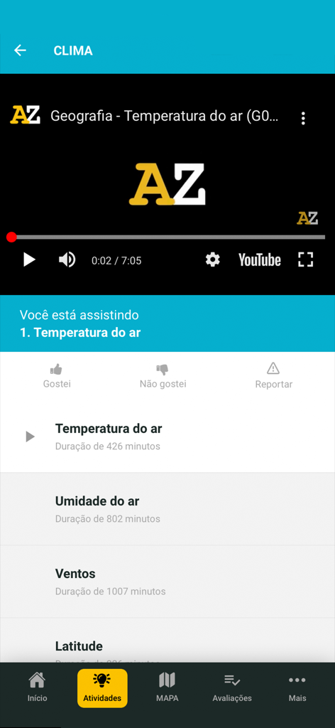 Aluno Rede AZ - Interface de videoaula de geografia no aplicativo móvel Aluno Rede AZ mostrando uma aula sobre temperatura do ar