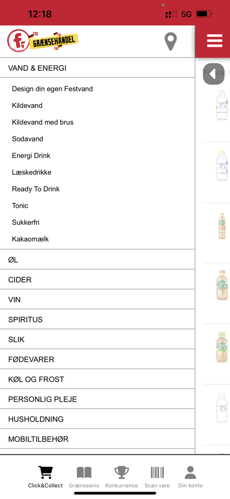 Fakta Tyskland f,- - Screenshot of the Fakta Tyskland mobile app showing the main product categories menu including water, beer, wine, and groceries.