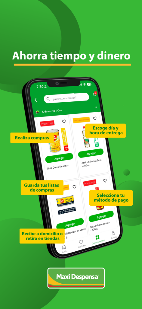 Maxi Despensa - Interface of the Maxi Despensa app showing grocery products and shopping options like home delivery and store pickup.