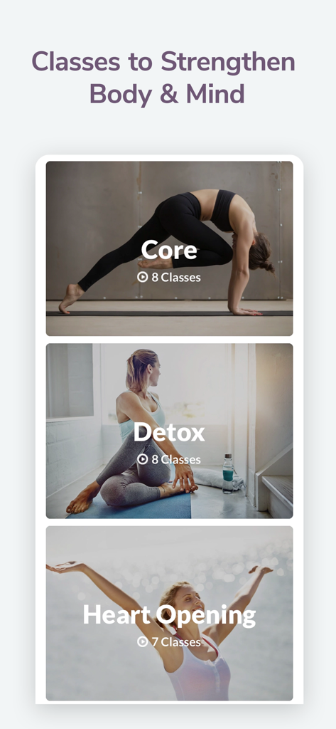 Yoga Time: For Beginners & All - Screen from Yoga Time app showing Core Detox and Heart Opening yoga class categories