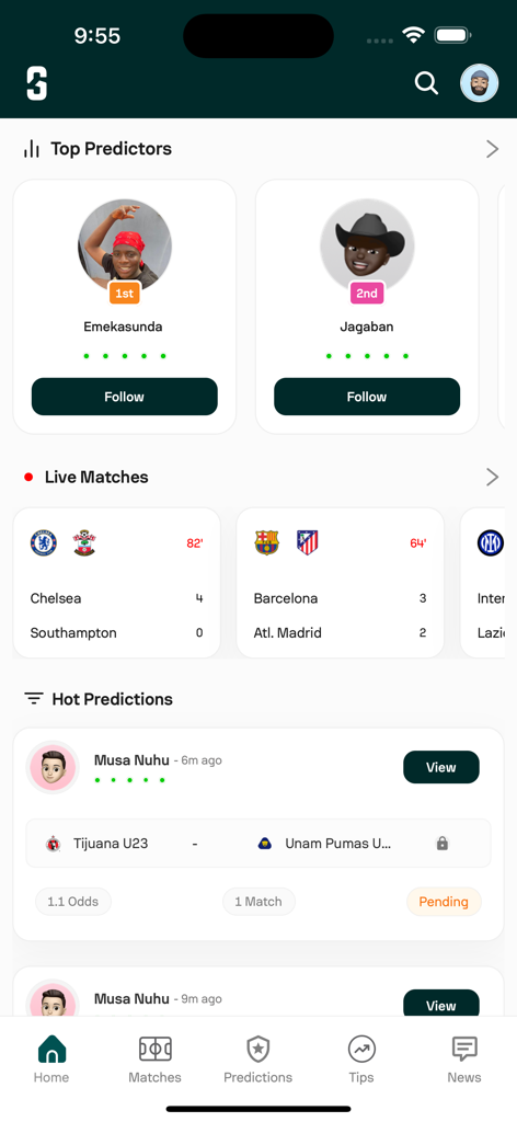Spotip - Predictions & Scores - Spotip app home screen showing top predictors and live football match scores