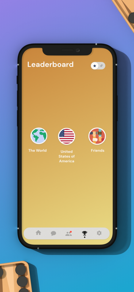 Backgammon Pro Online - Schermata di selezione della classifica di Backgammon Pro Online con opzioni di classifica mondiale, USA e amici
