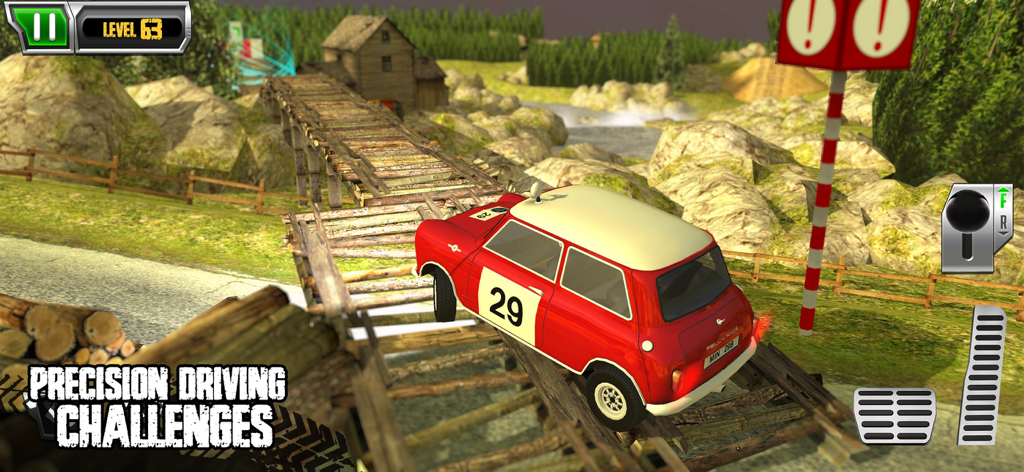 Cross Country Trials - A red car navigating a narrow wooden bridge during a precision driving challenge in Cross Country Trials.