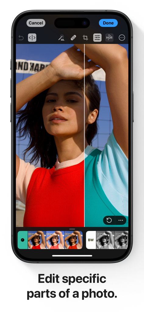 Photomator – Photo Editor - Photomatorアプリでの選択的カラー編集の分割ビューデモンストレーションを示すiPhone画面。