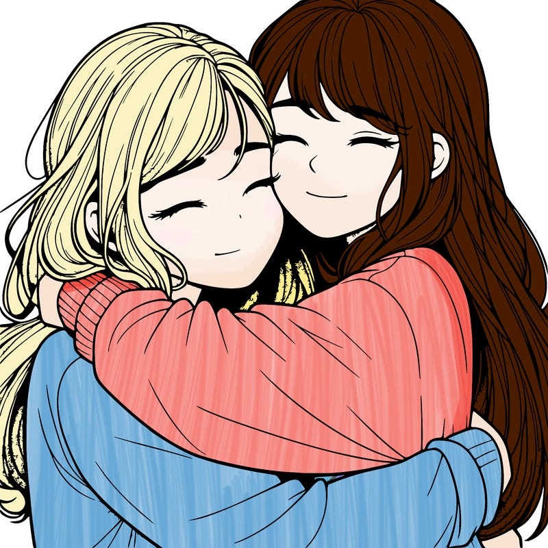 realistic two girls hugging