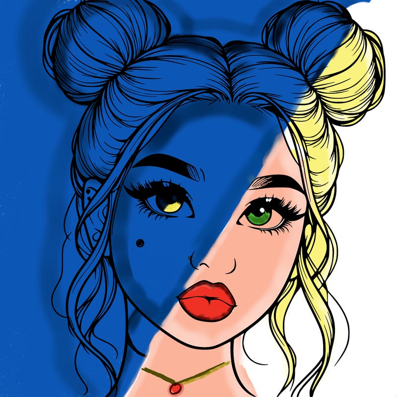 realistic girl with two buns on her hair and lips