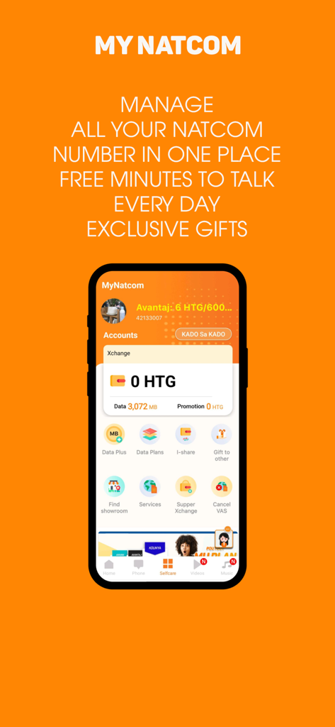 My Natcom – Your Digital Hub - My Natcom app dashboard showing mobile account management and self-care features for Haitian telecom services