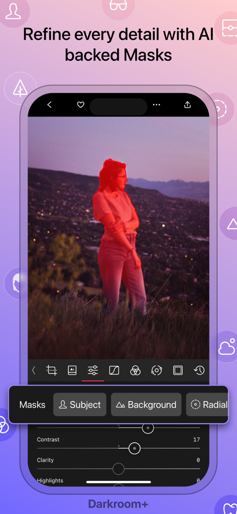 Darkroom: Photo & Video Editor - Darkroom App-Oberfläche, die die KI-Motivmaskierungsfunktion auf einem Porträtfoto zeigt