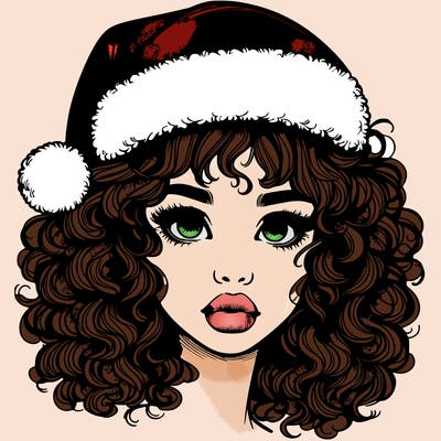realistic girl with a santa hat curly hair and lips