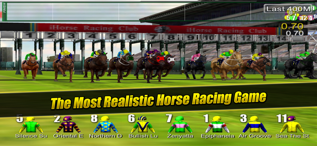 Racehorses and jockeys at the starting gates in a 3D horse racing simulator