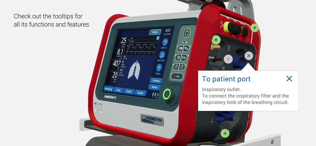VenTrainer app interface showing a 3D ventilator model with an interactive tooltip for the patient port.