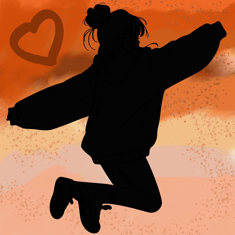 realistic girl jumping with a bun and oversized sweatshirt