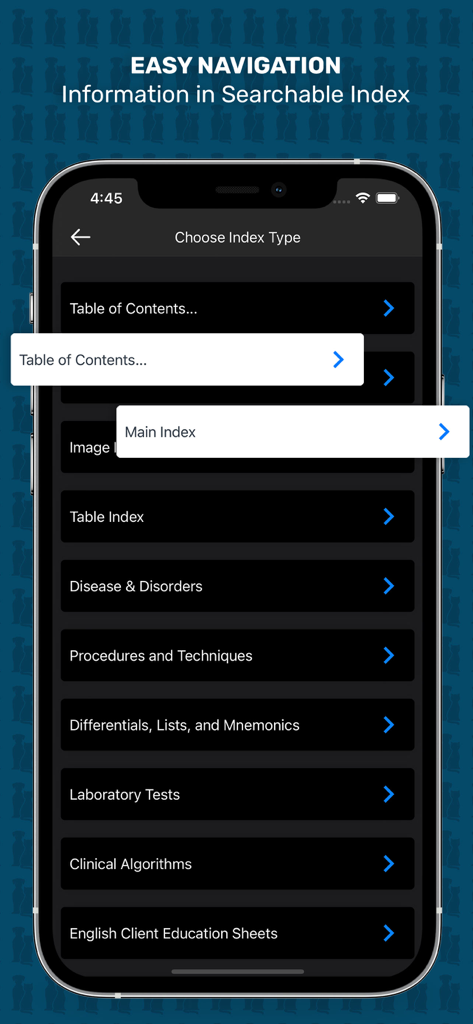 Mobile app screen showing a searchable index of veterinary topics like diseases, laboratory tests, and clinical algorithms
