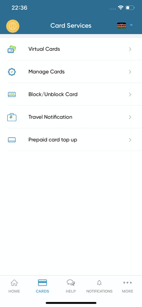 Ecobank Mobile App - Ecobank Mobile App Card Services screen showing management options like virtual cards and travel notifications