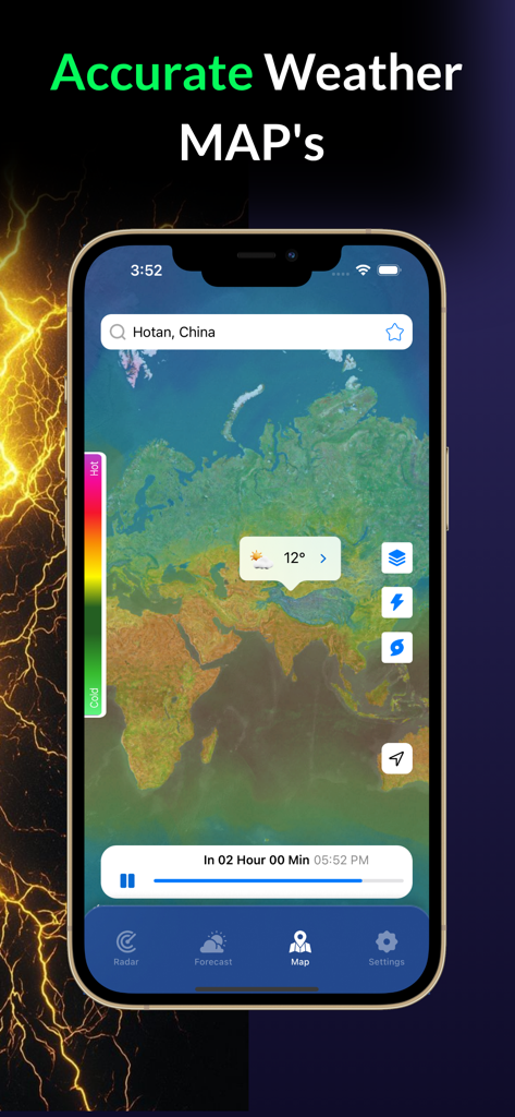 Uma tela de smartphone exibindo um mapa meteorológico global com uma escala de cores de temperatura e ícones de rastreamento de tempestade