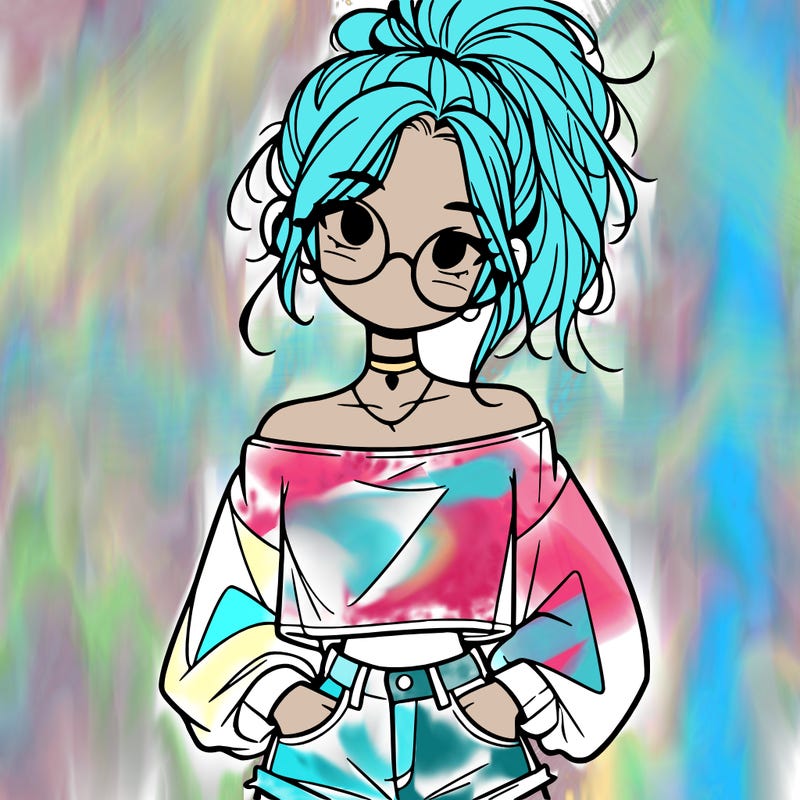 girl with a messy ponytail glasses a baggy crop top and jean shorts