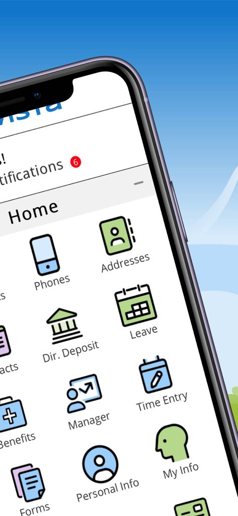 PDS Vista - PDS Vista mobile app home screen displaying employee and manager self service icons for HR payroll and benefits