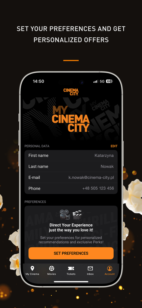 Cinema City: Movies & Tickets - Schermata dell'account dell'app mobile Cinema City che mostra i dati personali e un pulsante per impostare le preferenze cinematografiche per offerte personalizzate