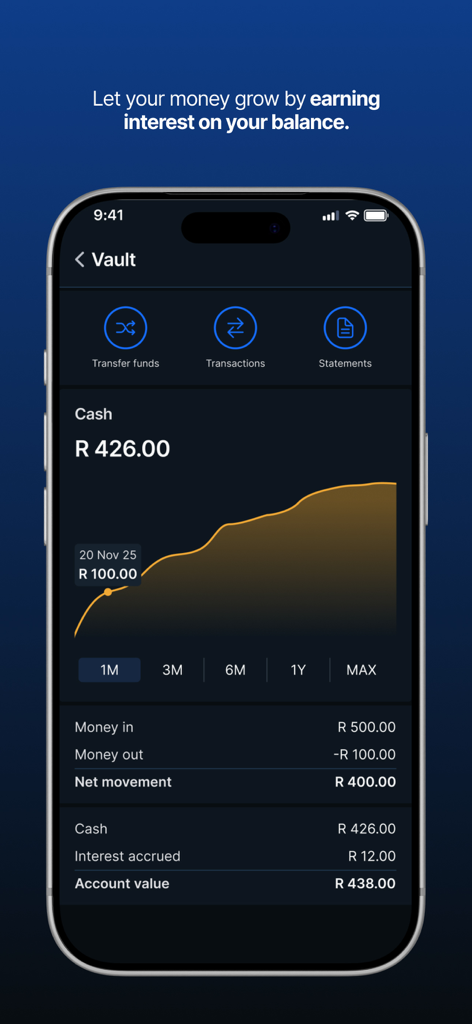 A mobile interface of the Shyft app showing the Vault screen with a cash growth graph and interest earned on a South African Rand balance.