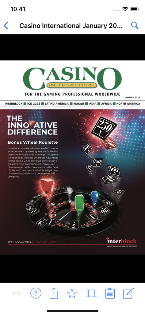 Casino International Magazine January 2023 cover featuring Bonus Wheel Roulette by Interblock