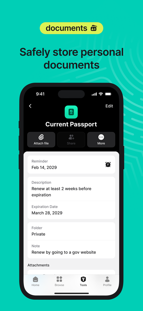 NordPass: Password Manager - NordPassアプリ画面。安全な保管庫に保存されたパスポート書類の詳細を表示しています。