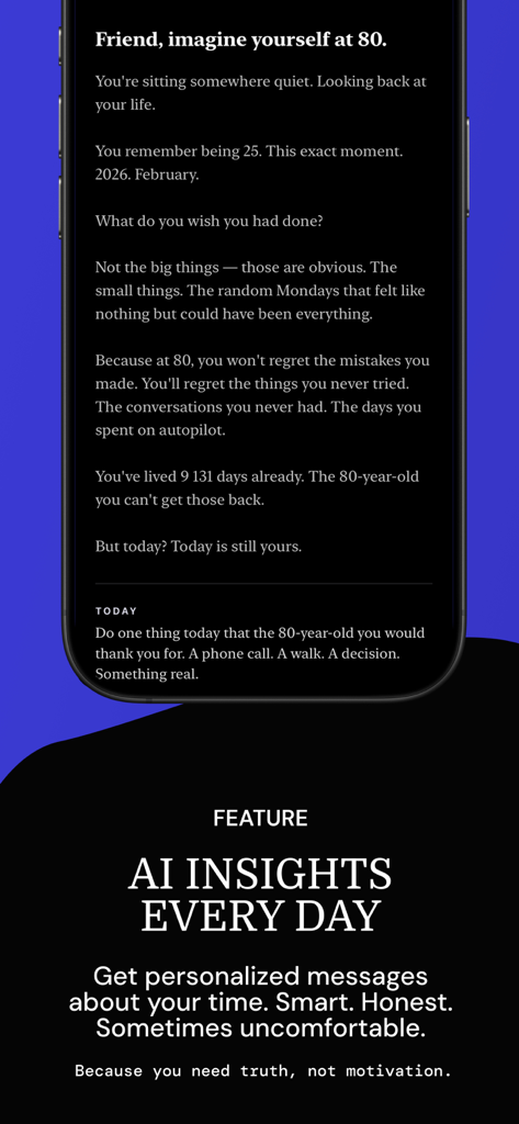 TimeDot: Year & Life Progress - TimeDot app AI insights feature showing a reflective message about life and time
