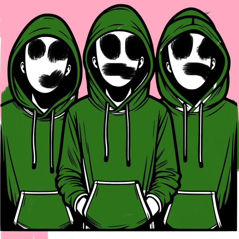 3 faceless people in  hoodies